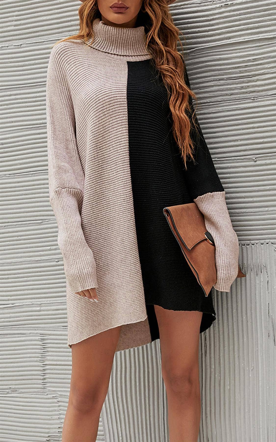 Haut à col montant demi-couleur beige forêt et noir